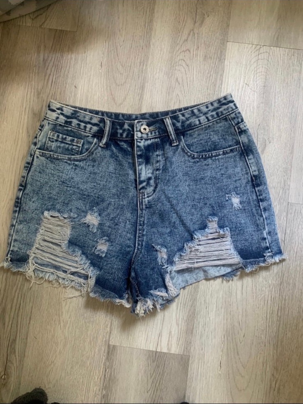 High-Rise Distressed Denim Shorts - Blue
